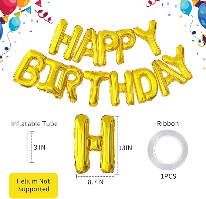 Gold Happy Birthday Balloon Banner, 16 Inch Foil Mylar Happy Birthday Balloons Letters, Reusable Gold Happy Birthday Sign, Golden Birthday Decorations for Women, Men, Boys and Girls