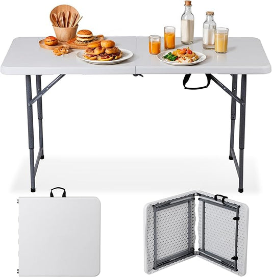ZenStyle 4 ft Folding Table, 48x24 Inch White Portable Plastic Table, Height Adjustable & Lightweight for Indoor Outdoor Use, Camping, Parties, Events, Dining