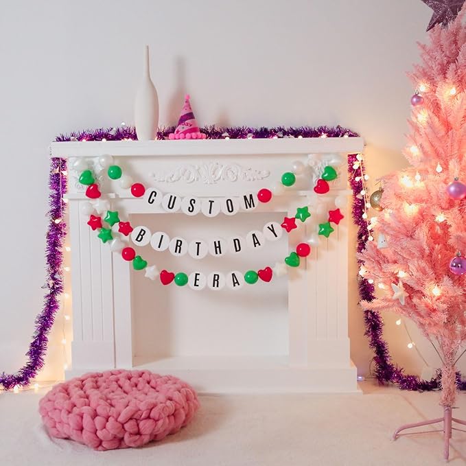 137Pcs DIY Giant Friendship Bracelet in My Birthday Era Banner Birthday Banner Famous Singer Customizable Garland Decor Foam Circles Ball Plastic Balls DIY Supplies(Red Green Pearl White)
