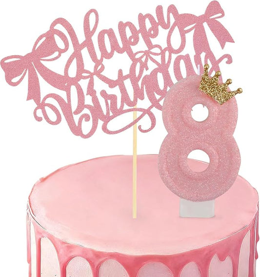 Birthday Candles for Cake, Pink Number Candles, Cake Candles with Cake Topper for Birthday Party Wedding Anniversary Celebrations (8 Candle)