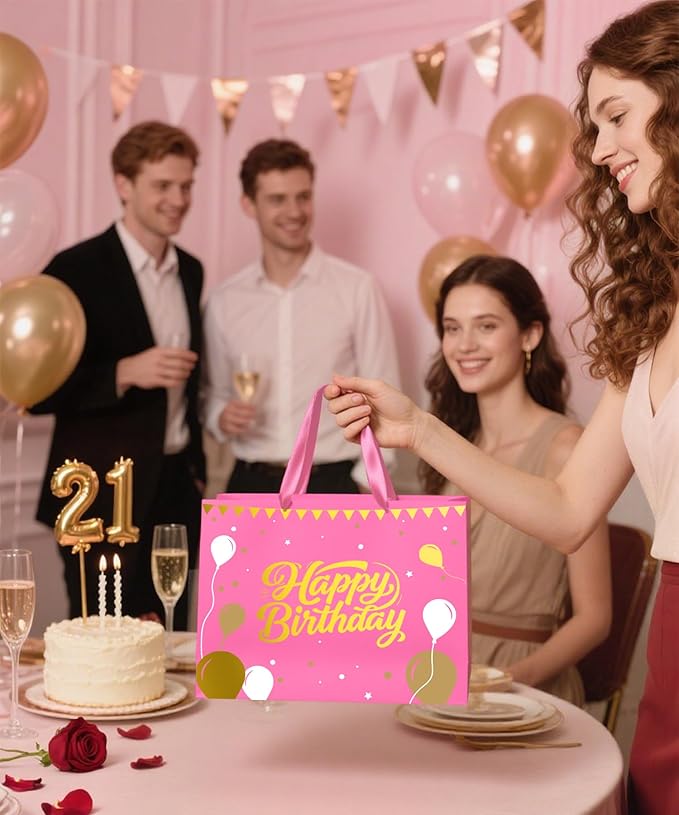 Pink Birthday Gift Bag for Girls – 12.5 Inch Medium Size with Tissue Paper and Greeting Card – Perfect for Women or Mom (1 Piece, Foil Stamping)