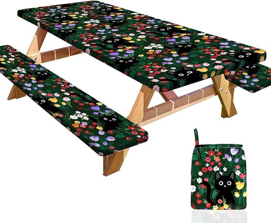 Picnic Table Cover with Bench Covers Portable Table Cloth Built-in Storage Pocket Fitted Tablecloth with Elastic Edges Waterproof Camping Essentials for Indoor Outdoor Rv,72in,Green Black