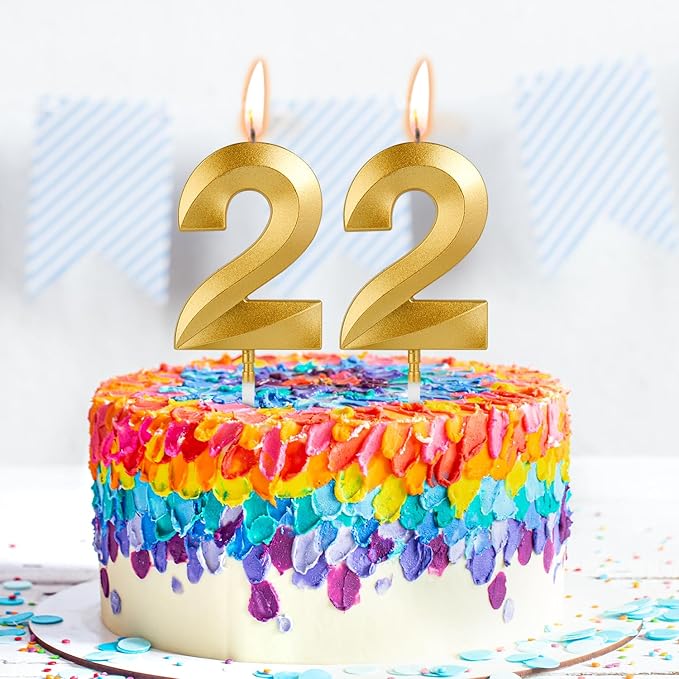 Birthday Candles, 1.96 Inch Number 22 Happy Birthday Candles, Number Candles Decoration for Birthday Party and Anniversary Celebration(Champagne Gold)