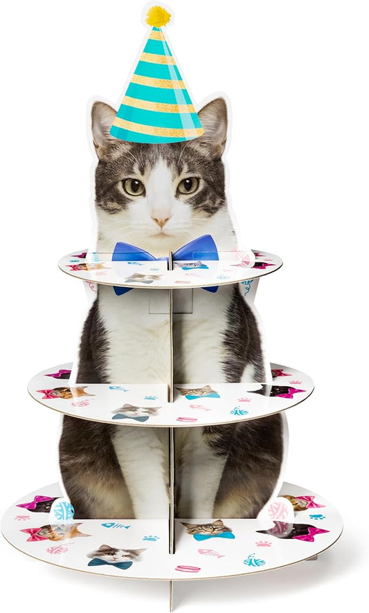 Haooryx Cute Cat Cupcake Stand - 3 Tier American Shorthair Cat Cupcake Tower Cardboard Dessert Holder Cake Stand Serving Tray for Cat Theme Party Table Decor Pet Lovers Kids Birthday Party Supplies