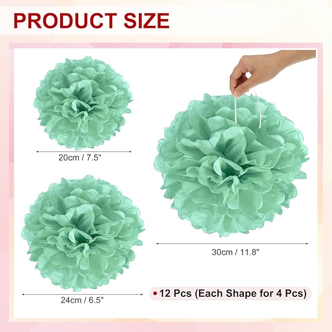 PATIKIL 8" 10" 12" Tissue Paper Pom Poms, 12PCS Pom Poms Paper Flowers Ball Tissue Paper Flowers Assorted Size for Wedding Bridal Shower Birthday Party Backdrop Decoration, Mint Green