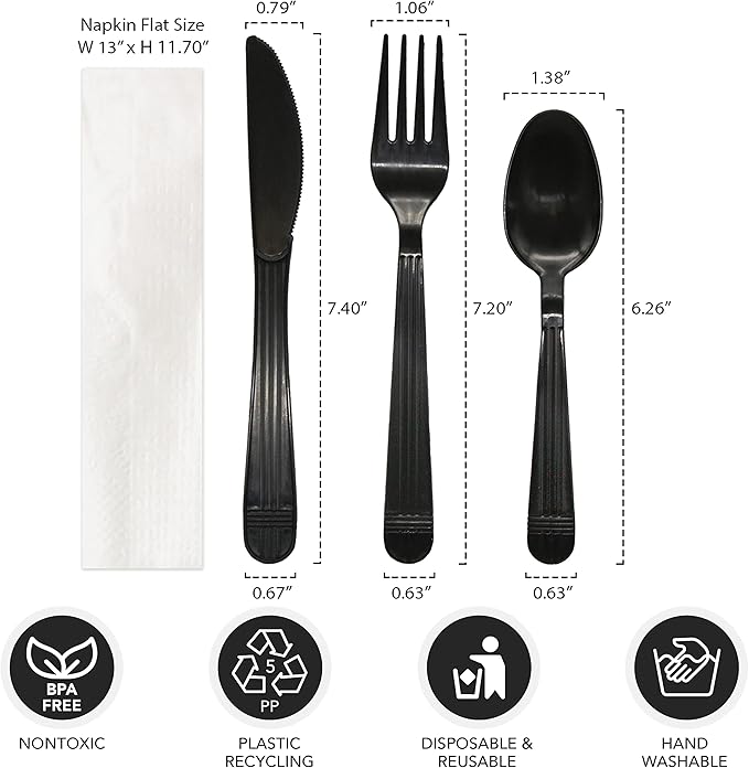 Party Essentials Individually Wrapped Heavy Duty Plastic Utensil Kits, 50 Sets for Party Catering, Fork/Spoon/Knife/Napkin, Black