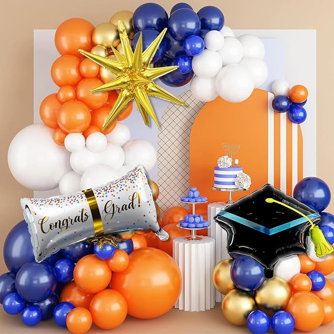 Blue and Orange Graduation Balloons Arch Garland Kit, 115 Pcs Navy Dark Blue Gold Orange Congrats Grad Balloons Class of 2025, Prom Graduation Party Decoration with Star Certificate Cap Foil Balloon