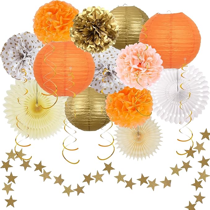 20Pcs Birthday Decorations Paper Fans Lanterns,Fall Party Decorations Pom Poms Flowers,Orange Champagne Gold Bohemian Style Party Decoration for Autumn Girls Women Baby Shower Wedding Thanksgiving