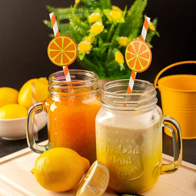 Disposable Lemon Straws, Cute Oange Striped Patterned Drinking Straws Paper Straw for Cocktail, Milkshake, Coffee, Lemonade Stand Supplies Lemon Themed Party Supplies - Set of 30