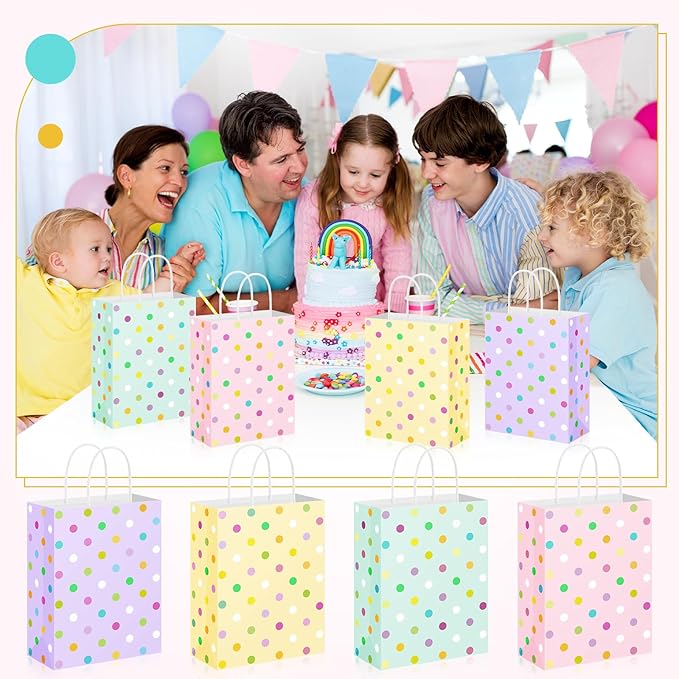 Humyoun 24 Pcs Pastel Paper Gift Bags with Handles, Pastel Dots Goodies Treat Candy Bags for Holiday Party Favor Gift Wrapping Baby Shower Wedding Birthday Party Supplies