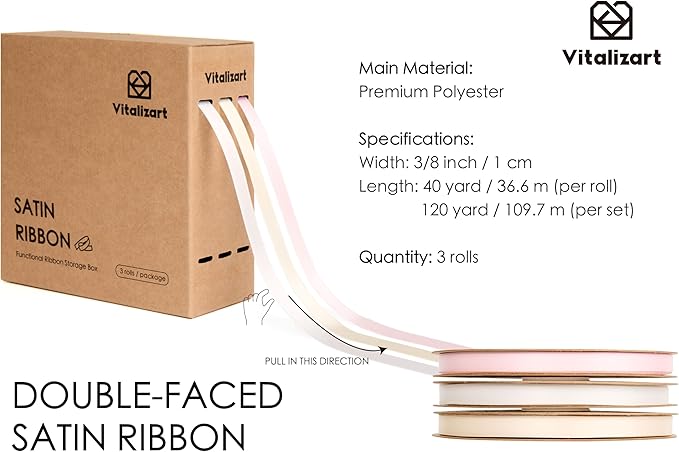 Vitalizart Pink & White Satin Ribbon 3/8” x 3 Rolls 120 Yards Ribbon for Gift Wrapping Hair Craft Party Decoration Flower Bouquet Wedding Double Face Light Pink Cream White