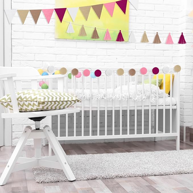 Irenare 9.8 ft Pom Pom Garland Felt Rainbow Garland 2026 Graduation Party Decoration Colorful Pennant Tassel Banner Back to School Birthday Triangle Banner for Classroom School Mantel(Pink)