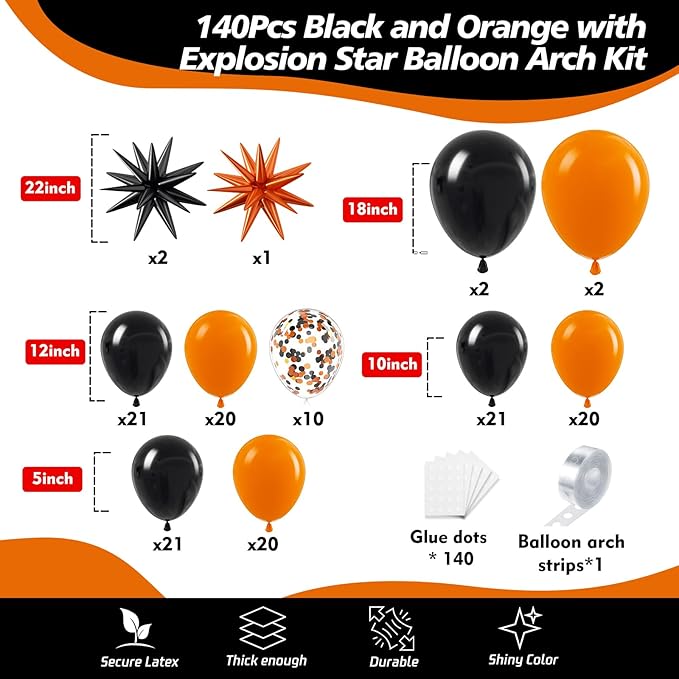 Black and Orange Balloon Arch Kit, 140Pcs Black Orange Latex Balloon Garland kit, 18 12 10 5 Inch Different Size Balloons for Halloween Birthday Baby Shower Thanksgiving Day Party Decorations