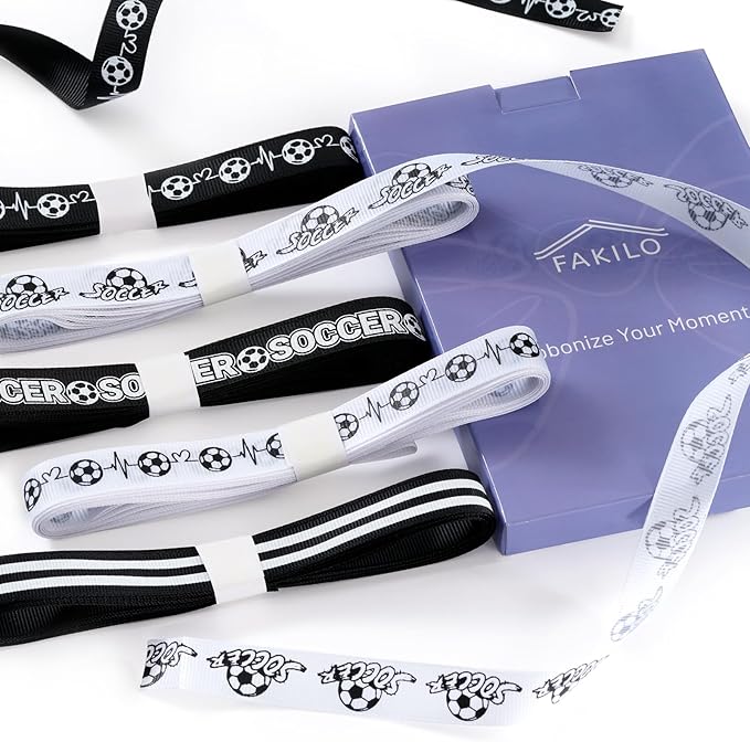 Soccer Ribbons 5 Rolls 20 Yards, 5/8" Black White Stripe Grosgrain Ribbons Sports Ribbons for Theme Party Decor Gift Wrapping Making Hair Tie Bows and Sport Team Decorations