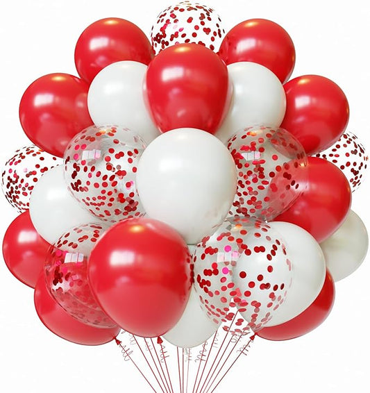 Red and White Latex Balloons, 60pcs 12 Inches Red and White Confetti Balloons with 1 Ribbon for Christmas, Birthday, Graduation, Valentine's Day Party Decorations