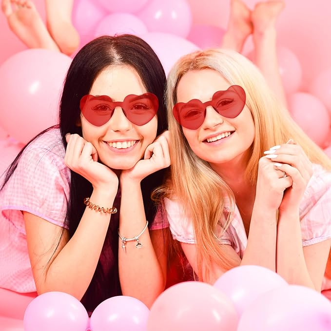 28 Pack Heart Shaped Sunglasses for Women Rimless Heart Glasses Bulk Mardi Gras Candy Color Sunglasses for Party