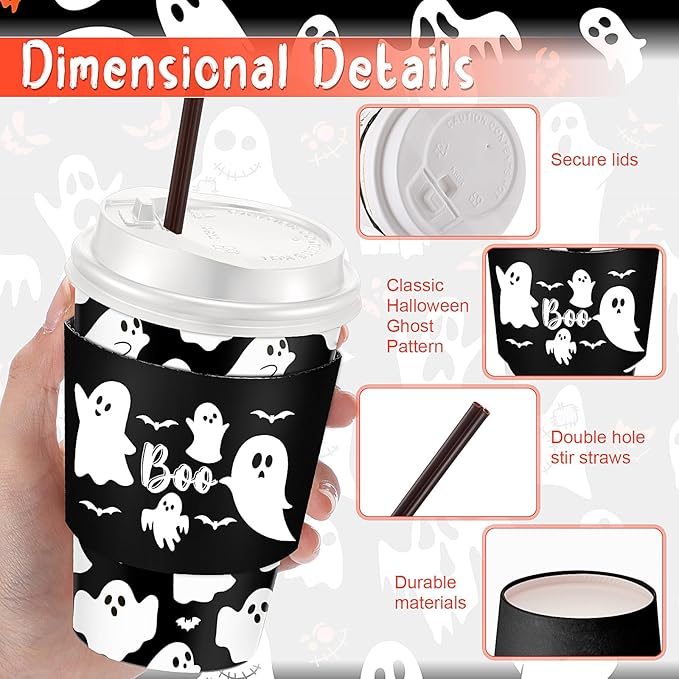 Pickmesh 50 Set 12oz Halloween Disposable Coffee Cups with Lids and Sleeves Straws, Ghost Boo Bat Paper Cups for Cold Hot Cocoa Drink Halloween Party Supplies