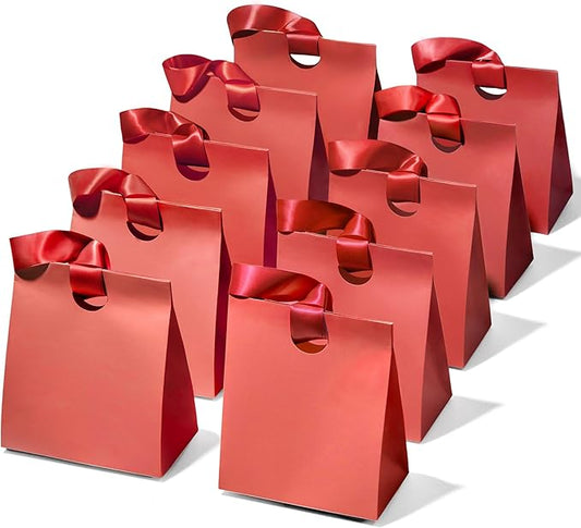 Vitalizart Paper Gift Bags With Ribbon Handles Set of 10 Red Bulk Reusable For Gift Wrap Girls Kids Birthday Bridal Shower Party Favors Goodie Bags Candy Christmas 5.91"x3.54"x7.28" Small Size