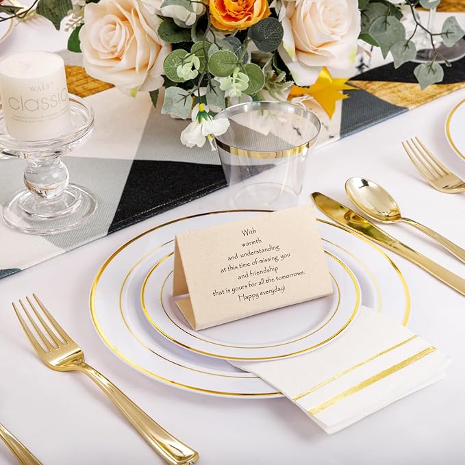 NOCCUR 700PCS Gold Plastic Plates - Gold Disposable Dinnerware Set for 100 - Include 200 Dinner/Dessert Plates, 300 Cutlery, 100 Cups, 100 Napkins, Idea for Wedding/Party/New Year