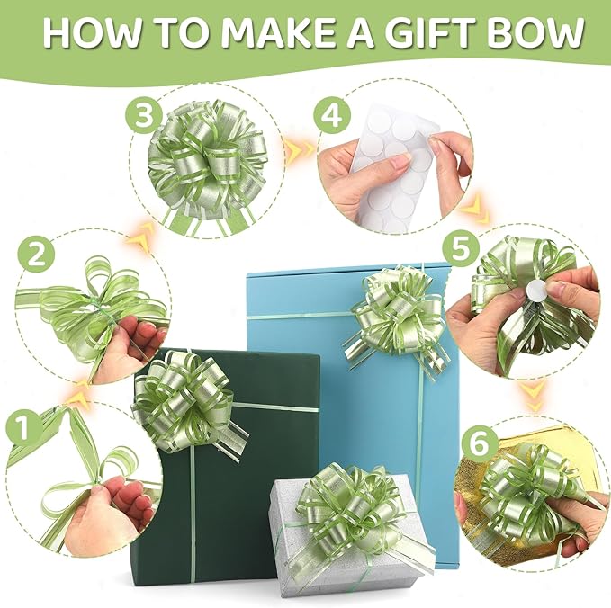 24pcs Light Green Pull Bow for Gift Basket Wrapping Xmas Gift Bows Presents Adhesive Wrap Ribbon Bow for Christmas Tree Bottles Bouquet Flower Valentine's Day Party Decor (Light Green-G)