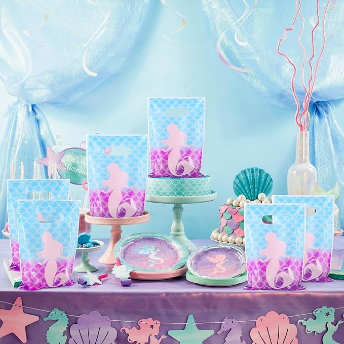 Hxezoc 50 Pieces Mermaid Goodie Bags Cute Candy Bag Plastic Treat Bags Mermaid Gift Wrap with Handles Party Favor Bags For Girls Birthday Party Decoration Supplies