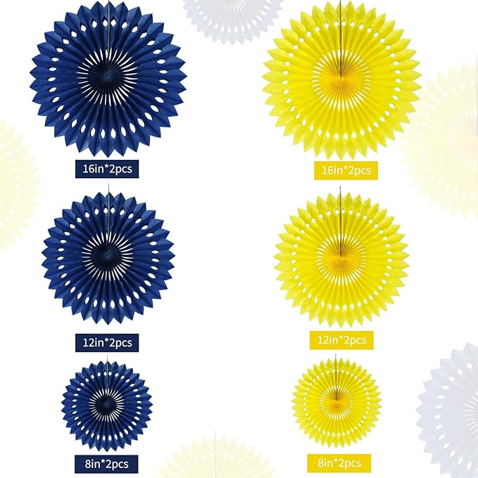BEISHIDA Navy Blue Yellow Tissue Hanging Honeycomb Round Paper Fans Decoration Set for Graduation Birthday Baby Shower Bachelorette Wedding Photo Backdrops Anniversary Paper Party Supplies(12 Packs)