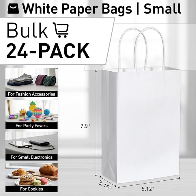 SUNCOLOR White Gift Bags with Tissue Paper, 24 Pack Small Kraft Paper Bags, 7.9 x 5.12 x 3.15 Inches, Sturdy Handles for Weddings, Baby Showers, Birthdays, Party Favors