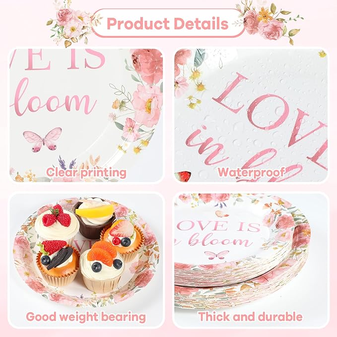 96 pcs Love Is In Bloom Bridal Shower Plates Napkins Sets Pink Floral Bridal Shower Party Supplies Love In Bloom Tableware Party Decoration for Engagement Wedding Decor Serves 24 Guests