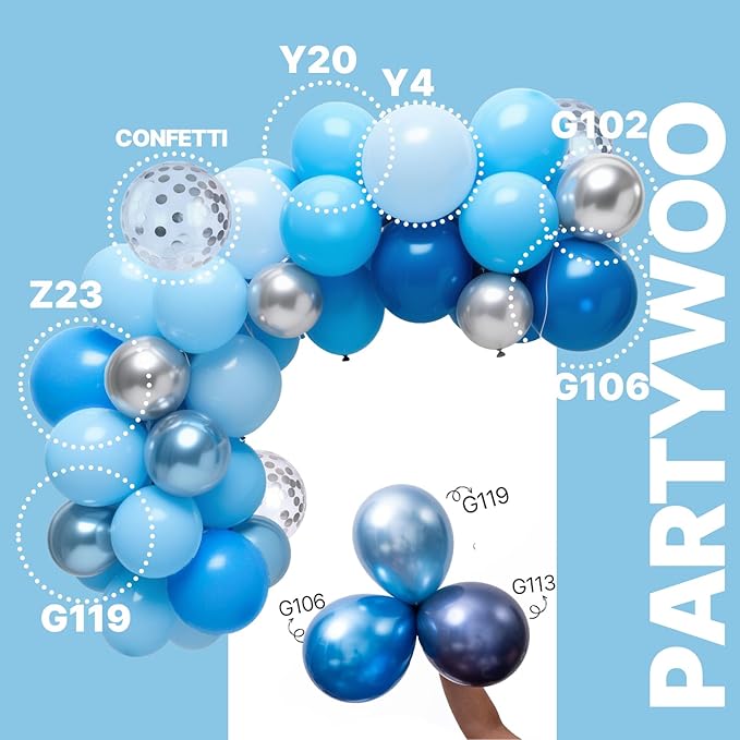 PartyWoo Blue and Silver Balloons 66pcs 12 Inch Light Pastel Baby Metallic Pearl Blue Metallic Chrome Silver Confetti Balloons for Gender Reveal Wedding Baby Shower Birthday Party Decorations