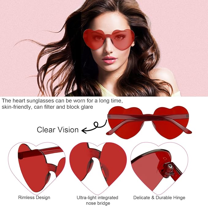 NACHLYNN 12 Pairs Heart Sunglasses for Women Rimless Heart Shaped Sunglasses Candy Color Glasses for Party Favors