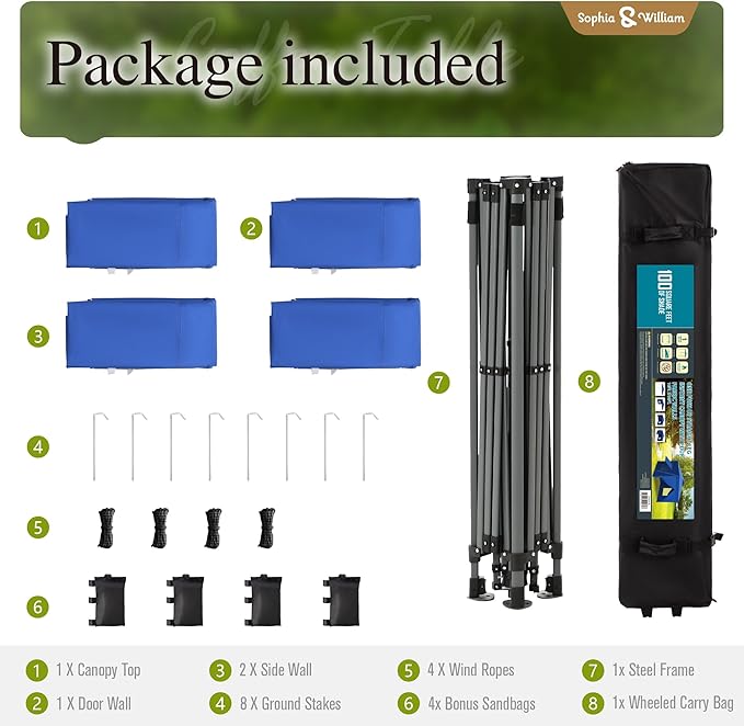 Sophia & William Canopy Tent Pop Up 10x10 ft One Person Push Set Up Canopies with 4 Sidewalls, Outdoor Shelter Heavy Duty Straight Legs with 4 Sandbags & 1 Roller Bag, 8 Stakes & 4 Guy Ropes, UPF50+