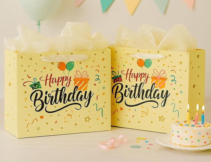 Febbleshow Yellow Birthday Gift Bags with Tissue Paper for Boys Girls Kids Baby Shower - Matte Finish with Colorful Balloon Gift Bag - 13"x10.3"x4.7" (Pack of 2)