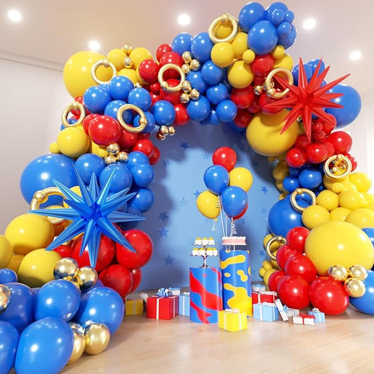 Red Blue Yellow Balloon Garland Arch Kit - 161Pcs Cartoon Hedgehog Theme Primary Color with Gold Circle Explosion Star Foil Balloons for Boys Kids Carnival Circus Birthday Party Decorations