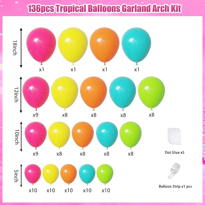 YMSZ Tropical Hawaiian Balloons Arch Garland Kit, 136pcs Hot Pink Orange and Yellow Green Teal Balloons with Different Size for Hawaiian Summer Birthday Baby Shower Party Decorations