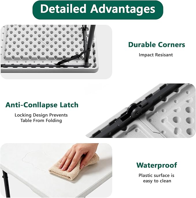 4ft Folding Table with Adjustable Height, Heavy Duty Fold-in-Half Plastic Table with Steel Legs, Portable for Indoor, Outdoor, Picnic, Camping, Dining, Party, White