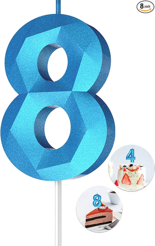 Number Birthday Candles(8 Candle Blue) 3D Diamond Shape Number Happy Birthday Cake Candles for Birthday Party Wedding Decoration Reunions Theme Party