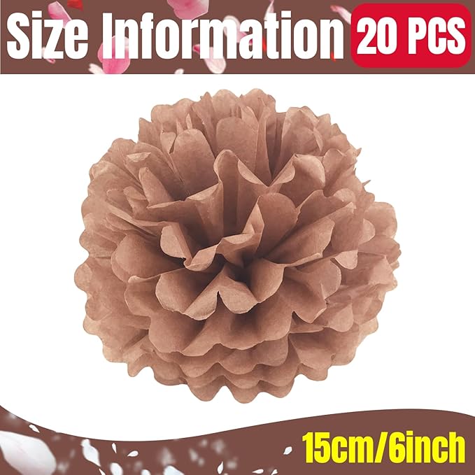 Qimoo 20pcs Coffee Paper Pom Poms Decorations, DIY Decorative Tissue Paper Pom-poms Flowers Ball for Party Wedding Outdoor Decoration