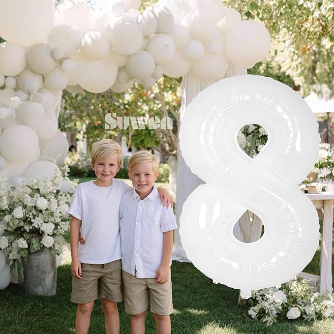SUWEN 40 Inch White Large 8 Balloon Number Big Foil Helium Number Balloons 0-9 Giant Jumbo Happy 8th Birthday Party Decorations for Boy or Girl Huge Mylar Anniversary Party Supplies