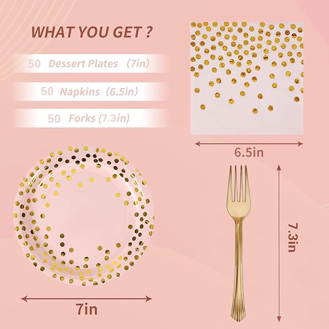 Pink and Gold Paper Tableware Set-150PCS-50 x 7'' Dessert Plates & 50 x 6.5'' Napkins & 50 x 7.3'' Forks,Disposable Party Supplies for Baby Showers,Birthday,Wedding,Bridal Showers,Anniversary