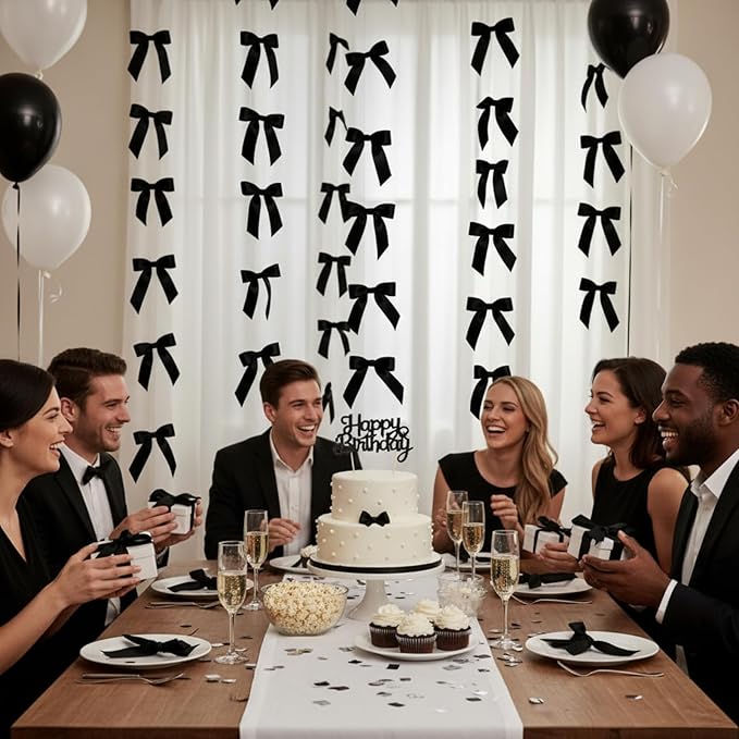 Taobary 8 Pcs 6.6 ft Bow Garland, Satin Ribbon Bow Banner Coquette Hanging Ornament for Photo Backdrop Birthday Party Wedding Bridal Baby Shower Wall Decorations(Black,1 Inch)