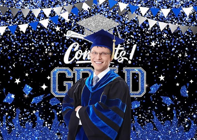 Mocsicka Graduation Party Decorations 2026 Congrats Grad Backdrops for Photography Bachelor Cap Congratulations Grad Photo Backdrop Graduation Prom Party Supplie (Blue and Silver, 8x6ft(96x72 inch))
