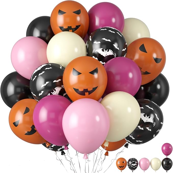Halloween Party Balloons, Black Hot Pink Orange Balloons, Retro Peach Red Pastel Pink Balloon Black Bat Orange Pumpkin Printed Balloon for Halloween Birthday Baby Shower Home Garden Party Decoration
