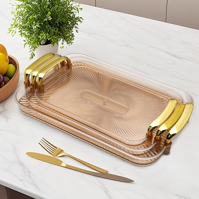 3 Pack Serving Tray with Handles, Stackable Reusable Trays for Serving Food, Plastic Serving Platters for Party, Charcuterie, Fruit, Appetizer, Amber Gold