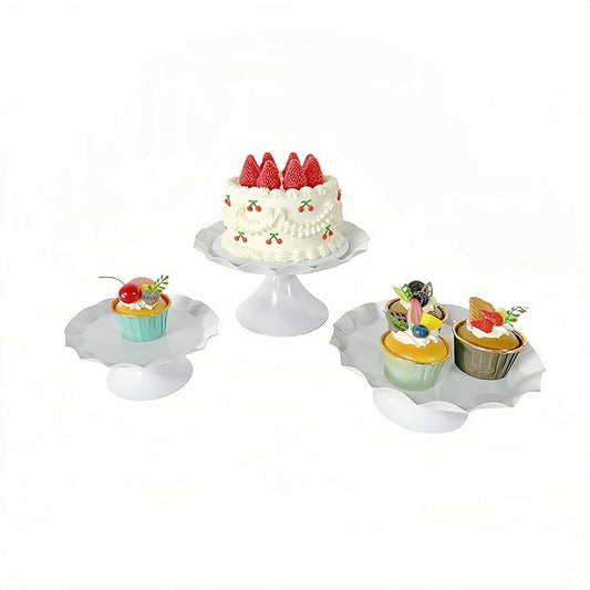 3 Pcs Metal Cake Stand Set, Scalloped Edge Cupcake Tray Dessert Display Platter, Decorative Serving Stand for Wedding, Birthday, Tea Party,Baby Show (White)