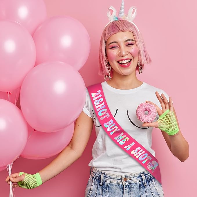 21st Birthday Sash with Iridescent Foil for Women, Hot Pink 21&Hot BUY ME A SHOT Birthday Sash for Girls, It's My 21st Bday Sashes, Finally 21 Bday Favors, Ideal Twenty One Gift
