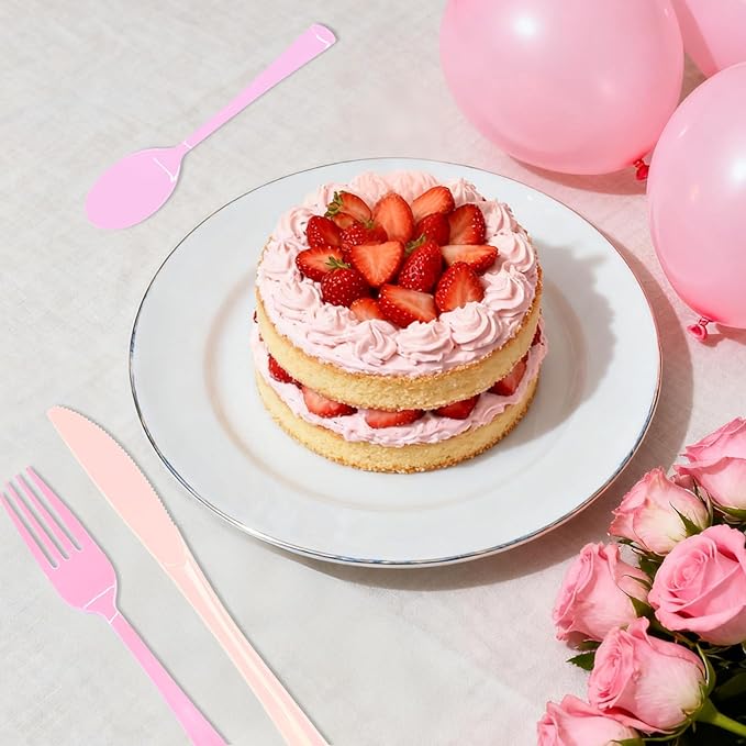 180 PCS Pink Plastic Silverware, Pink Plastic Cutlery Set Disposable 60 Forks, 60 Knives, 60 Spoons for Birthday, Valentine's Day, Baby Shower, Bridal Shower