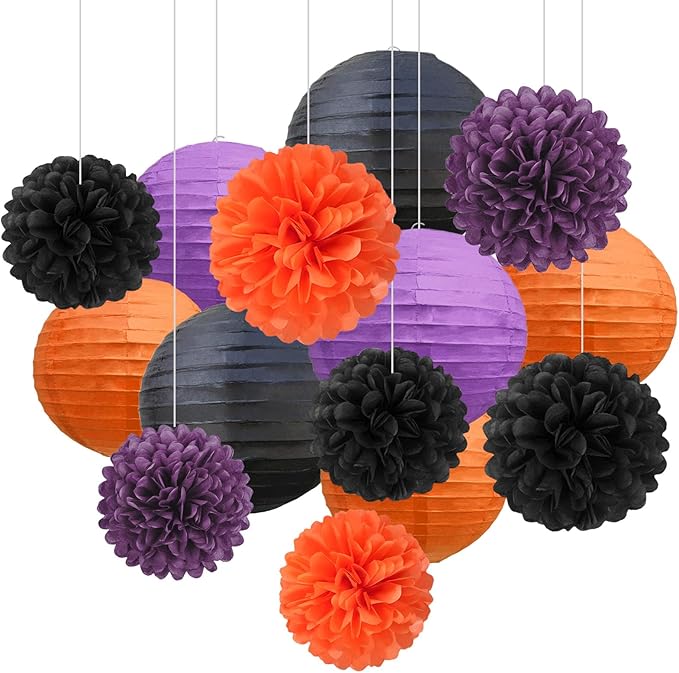18 PCS Black Orange Purple Paper Lanterns & Tissue Paper Pom Poms for Halloween Birthday, Wedding, Hanging Paper Party Decoration Set for Indoor Outdoor Fall Celebration