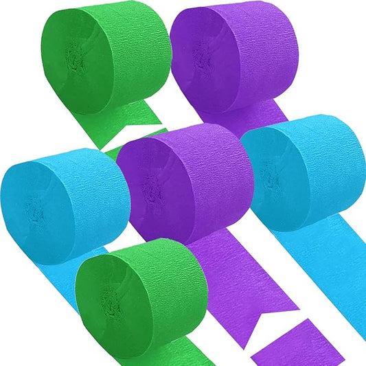 Purple Green and Blue Crepe Paper 6 Pcs Streamers for Party Decorations, Birthday Wedding DIY Crafts, Gift Wrapping Supplies