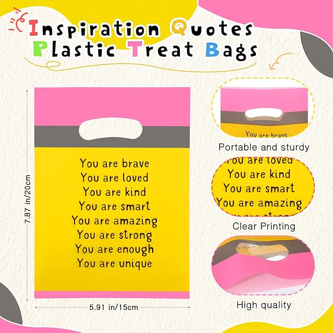 Coume 100 Sets End of the Year Gifts Bags for Students 6 Colors Inspiration Quotes Plastic Party Favors Treat Bags with Handles Birthday Party Favors, 6" x 8"