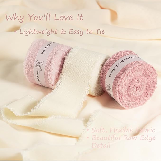 Pink & Ivory Cotton Ribbon 1-1/2 Inch Dusty Pink, Soft Pink & Cream 3 Rolls 21 Yards Frayed Edge Fabric Set for Rustic Wedding Decor, Engagement Party, Bridal Bouquet Wrap & Gift Wrapping